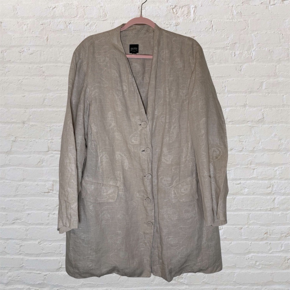 Eileen Fisher Woman 100% Linen Textured Long Jacket Blazer 2X Beige Lagenlook